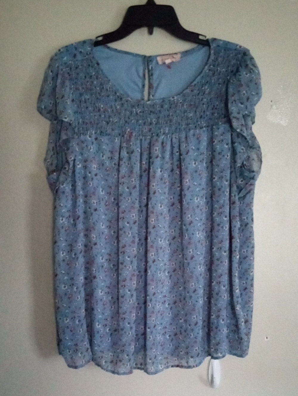 Blousology  Floral Boho Light Blue Floral Smocked Sheer Top with Lining 3X